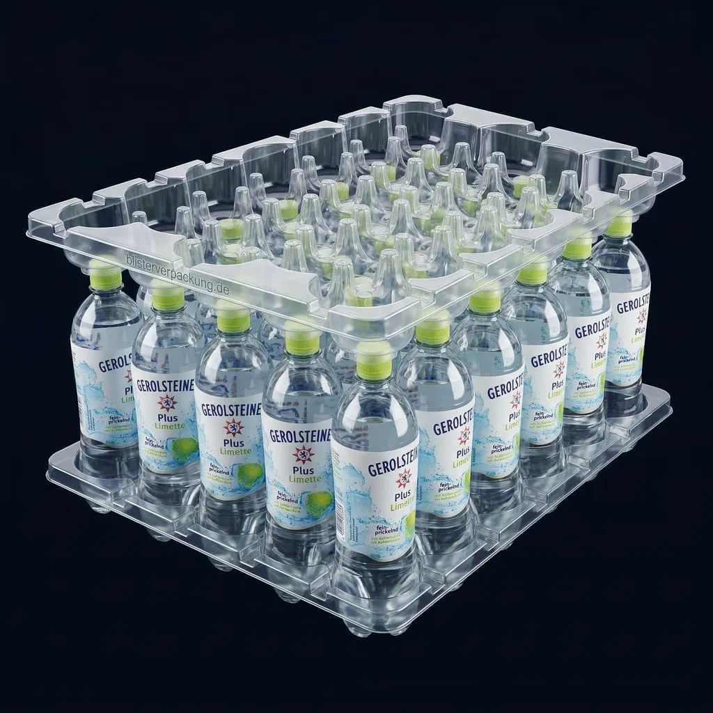 Beverage tray PET transparent self-stacking — Scafa Thermoforming